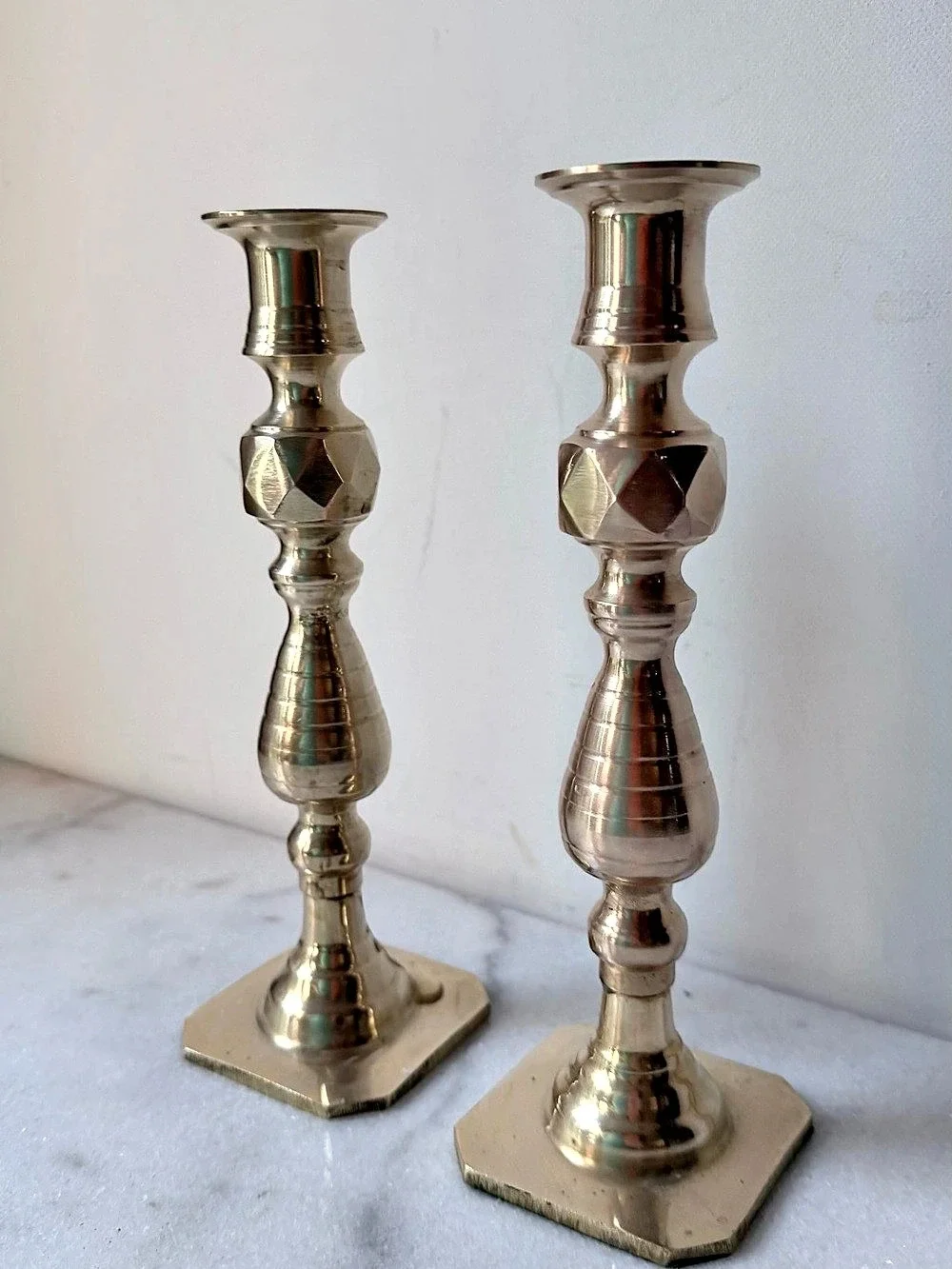 Vintage Brass Diamond Facet Boho Candlesticks Set of Two